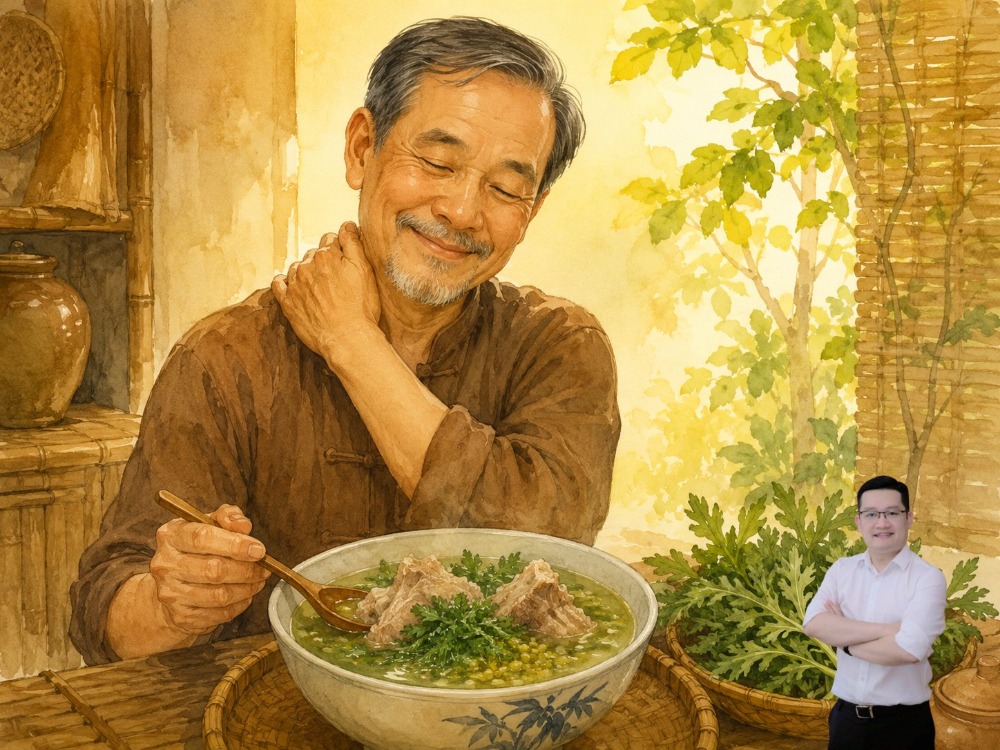 Canh đậu xanh hầm xương lợn, lá ngải cứu giảm đau cổ vai gáy Canh đậu xanh hầm xương lợn, lá ngải cứu giảm đau cổ vai gáy