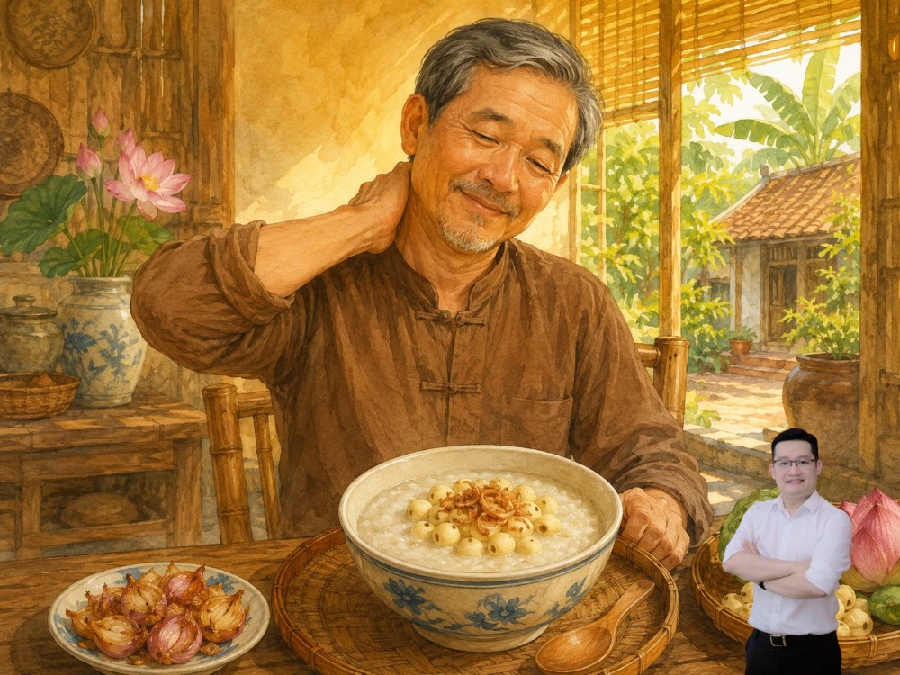 Cháo gạo nếp hầm hạt sen, hành tím nướng hỗ trợ làm mềm vùng cổ gáy co cứng Cháo gạo nếp hầm hạt sen, hành tím nướng hỗ trợ làm mềm vùng cổ gáy co cứng